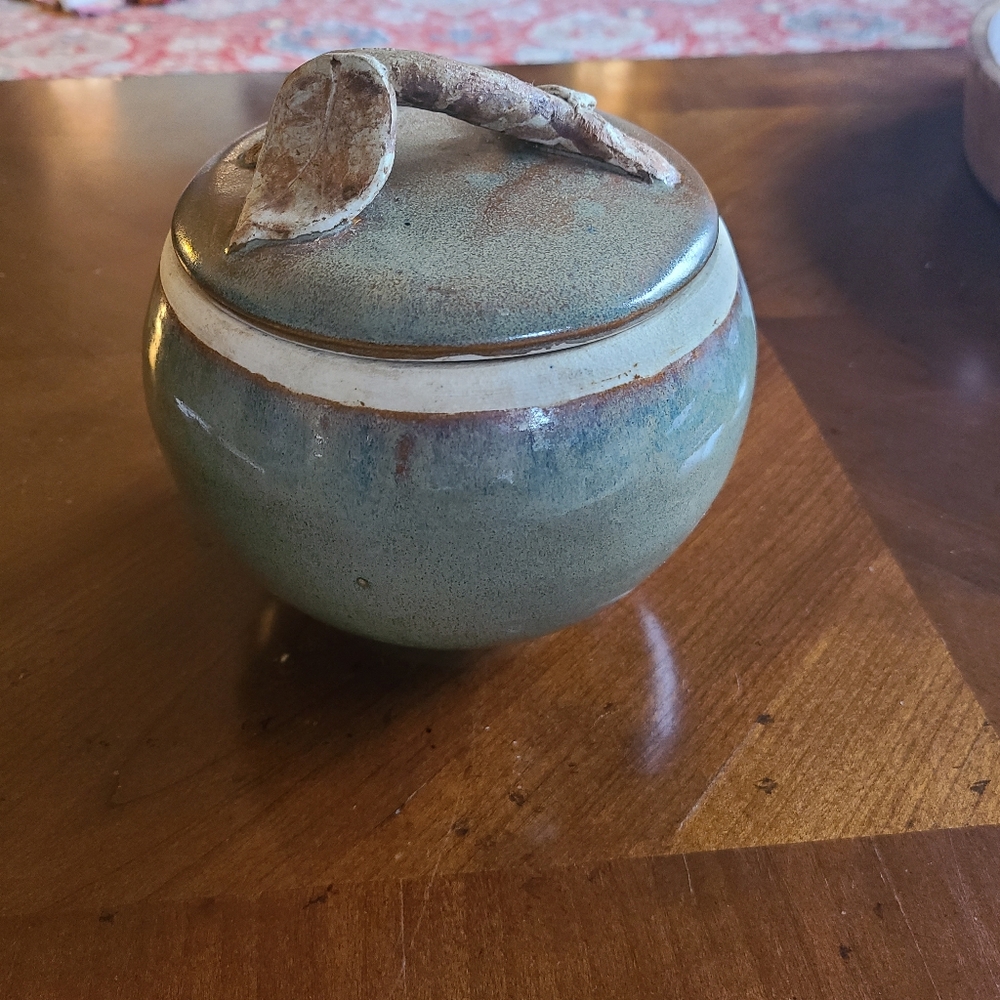 Hand thrown pottery lidded round vessel with twig and leaf handle